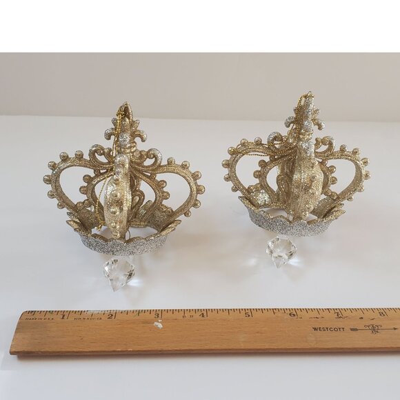 Silver & Gold Crown Crystal Christmas Tree Ornaments Set of 2 - Picture 3 of 5
